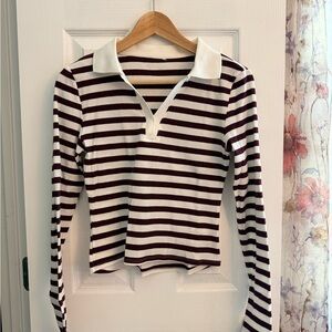 Striped Burgundy and White Long Sleeve Polo Top